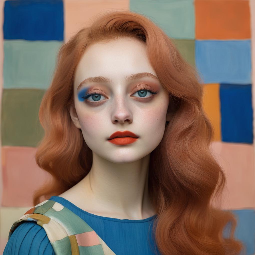 Artificial Intelligence (AI) generated image art, woman, Paul Klee & Henri Matisse , Dusty rose, electric blue, muted orange, olive green, and pale cream.