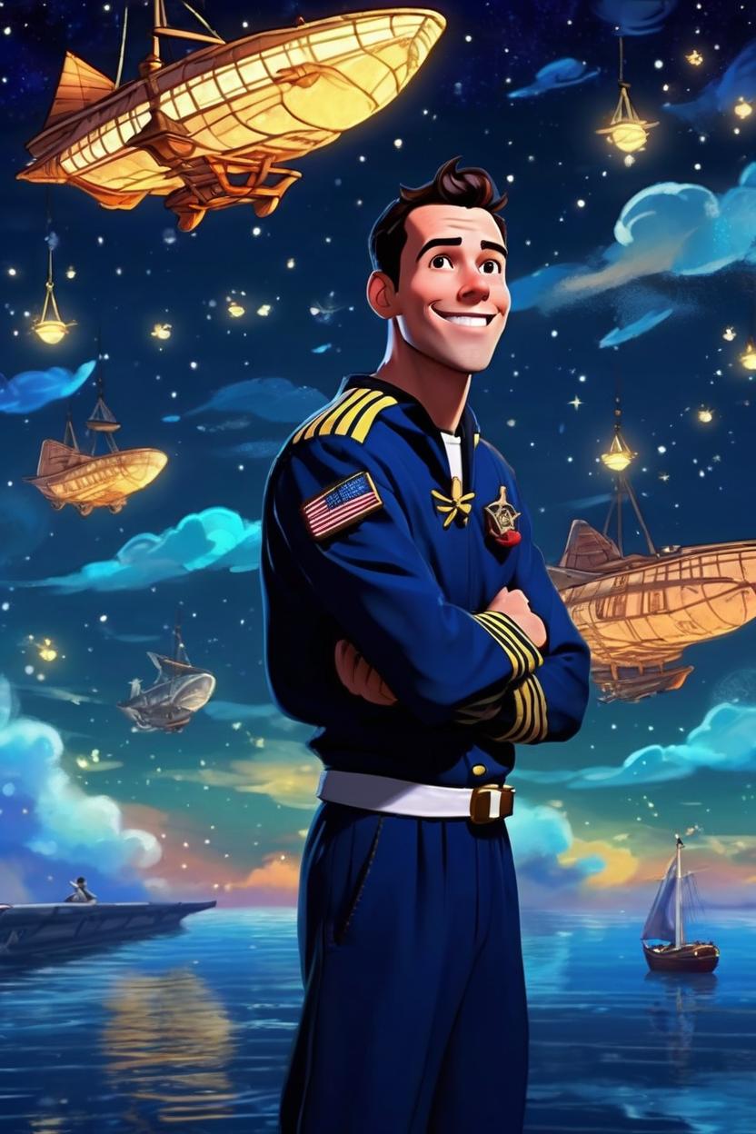 Artificial Intelligence (AI) generated image art, man, as a space sailor, night sky background, flying boats, Inspired by Disney’s “Treasure Planet”, art uses “70/30 Rule”, animated film, dynamic lighting, art by Ron Clements, art by Andy Gaskill,