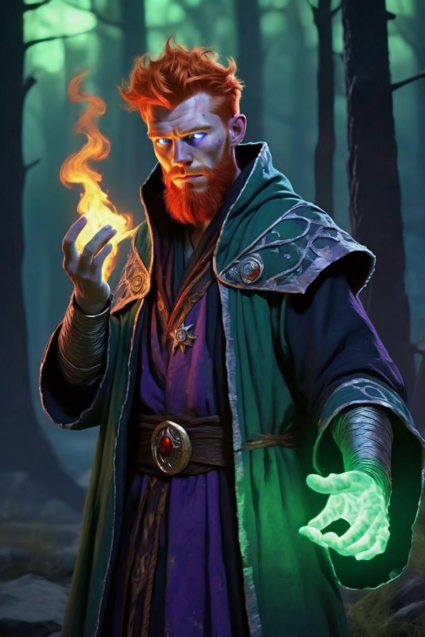 Artificial Intelligence (AI) generated image art, man, standing in the moonlight wearing a tattered wizard robe, he has red glowing eyes, ginger hair, fantasy wizard, dnd, ((blue and green fire from hands)), fantasy art by Greg Rutkowski, highly detailed, sharp focus, 4k, purple and black and red fire engulfs forest behind him, ominous