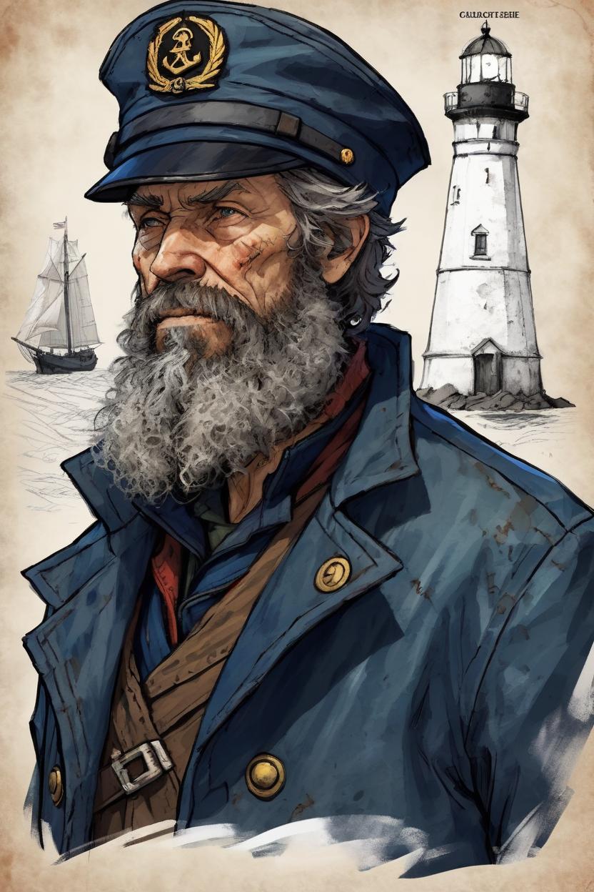Artificial Intelligence (AI) generated image art, man, (((dnd style character sheet))), ((((Not wearing a jacket)))), (ship captain), ((sailor's clothes)), (old), ((grizzled)), (beard),, lighthouse, ((post apocalypse)), (Captain's hat), (experienced survivor), (((dnd style character sheet))),