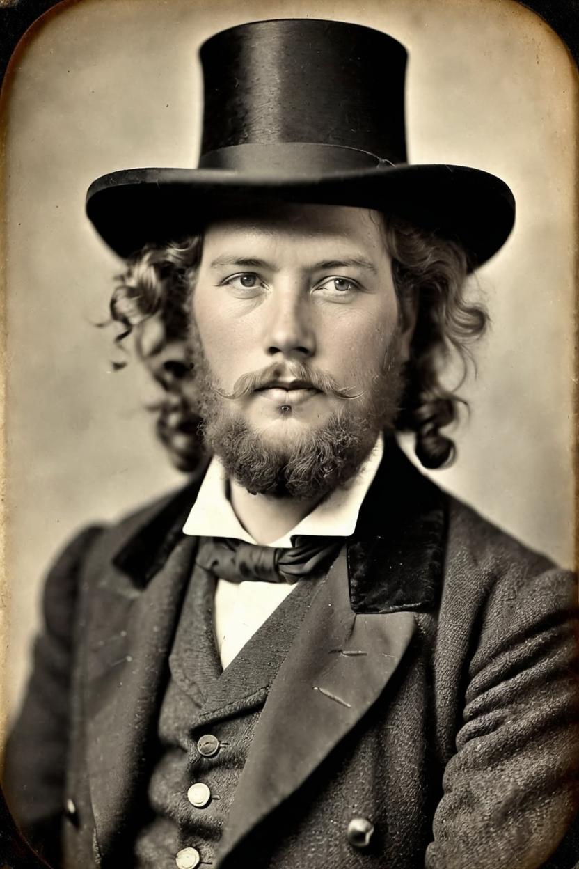 Artificial Intelligence (AI) generated image art, man, victorian gentleman with a cigarette a big curly mustache and beard, (1800s-1900s) photography, sepia/b&w, with top hat and frock coat, (Daguerreotype portrait), Grainy.
