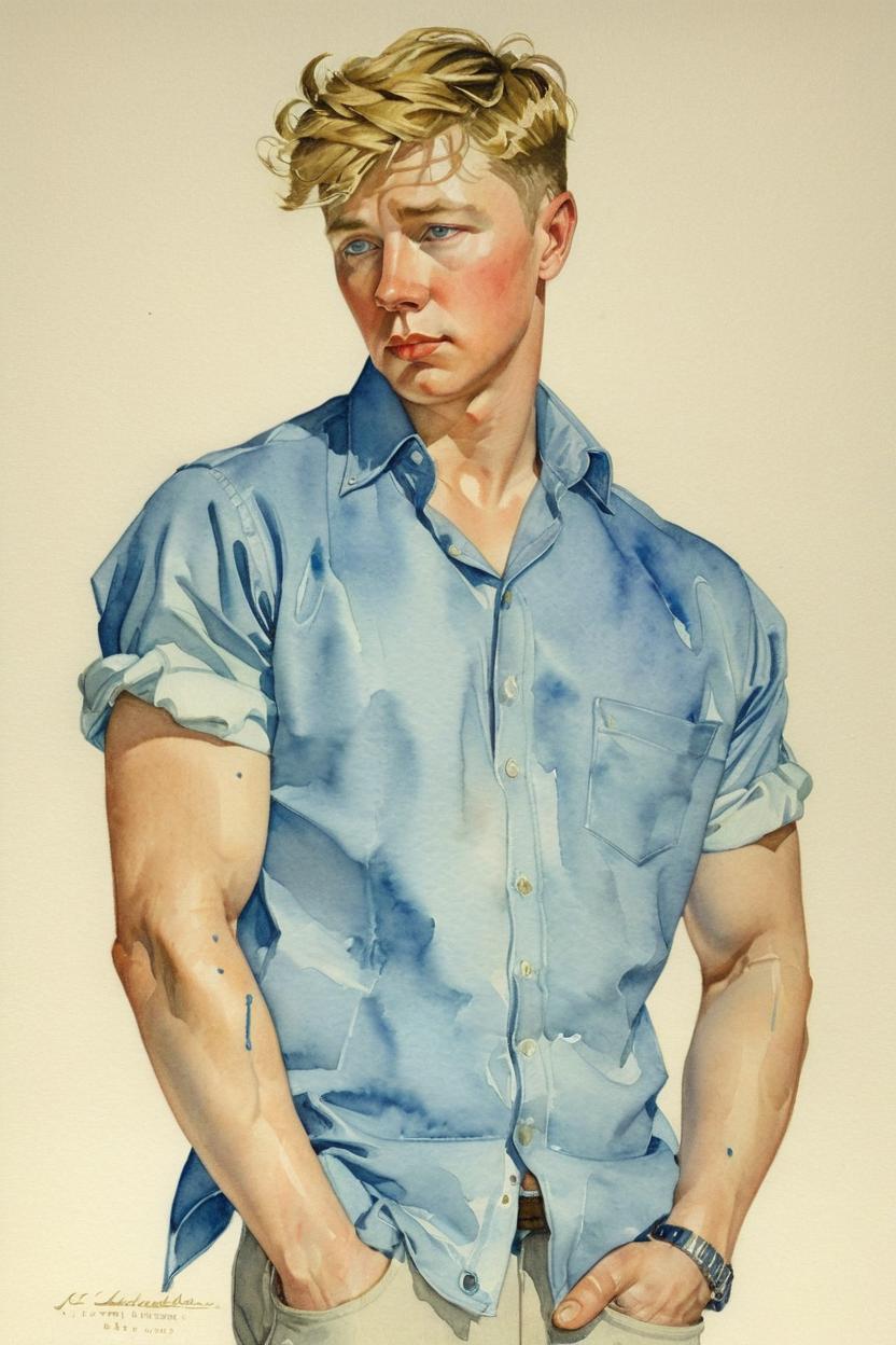Artificial Intelligence (AI) generated image art, Watercolor painting of man by J.C. Leyendecker, upper body, wearing an unbottoned blue shirt, fashionable, blond, 1950s((angular face)), ((perfect skin)), (((manlier))), (mature), ((handsome)), thick eyebrows, angular jaw