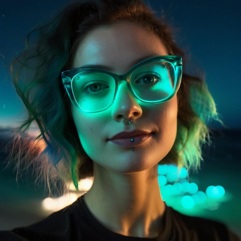 Artificial Intelligence (AI) generated image art, woman, ((Vaadhoo beach)), glowing Phytoplankton bioluminescence, at night, soft feminine face, 8k, ((photography by James Macari)) , skinny, tattooed woman with glasses
