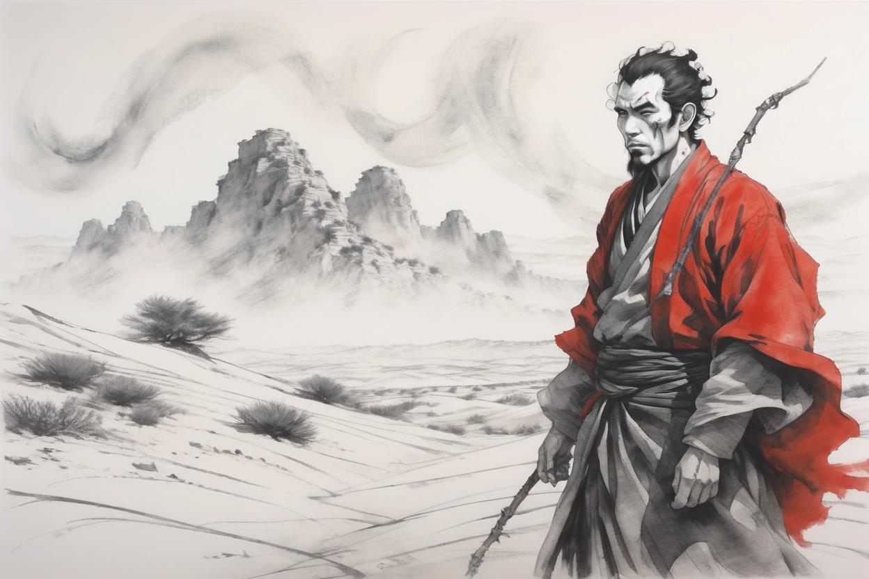 Artificial Intelligence (AI) generated image art, man, mystical Cheikh, In a windy desert, yoji shinkawa, b&w, pencil drawing, ink, manga, concept art, black and red ink