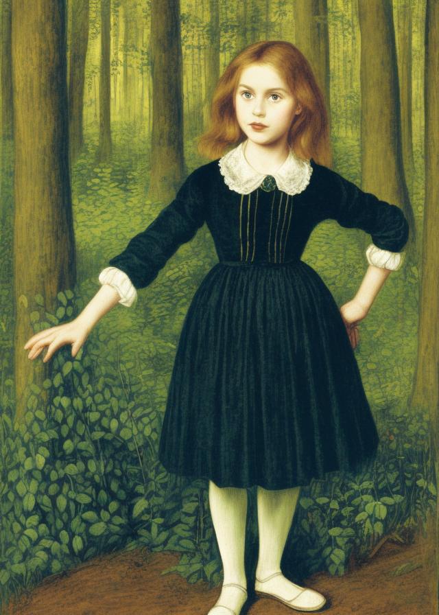 Artificial Intelligence (AI) generated image art, person as an oil painting by Dante Gabriel Rossetti, full body, in a forest, highly detailed, vivid colours, she is 9 years old, pale yellow dress, short sandy blonde hair, innocent looking, curious, cute, lively forest behind her
