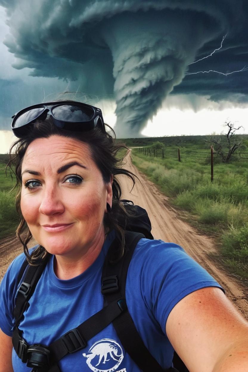 Artificial Intelligence (AI) generated image art, woman is a storm chaser and professional adventure photographer. There is a tornado behind her. Take extra care to make her face look like the model