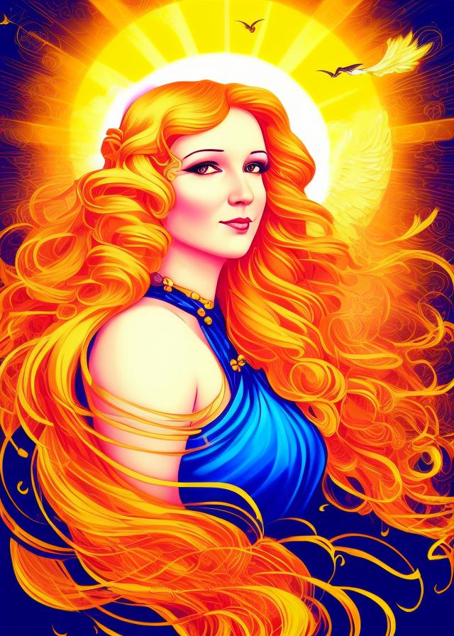 Artificial Intelligence (AI) generated image art, person, (goddess-like),(digital painting)(sun rising background) (enchantress) (angelic) (angel) (sunset yellow, orange, pink, clouds) (long blonde hair gently blows in the breeze) (solo portrait) (illustration) (beautiful) (art deco)