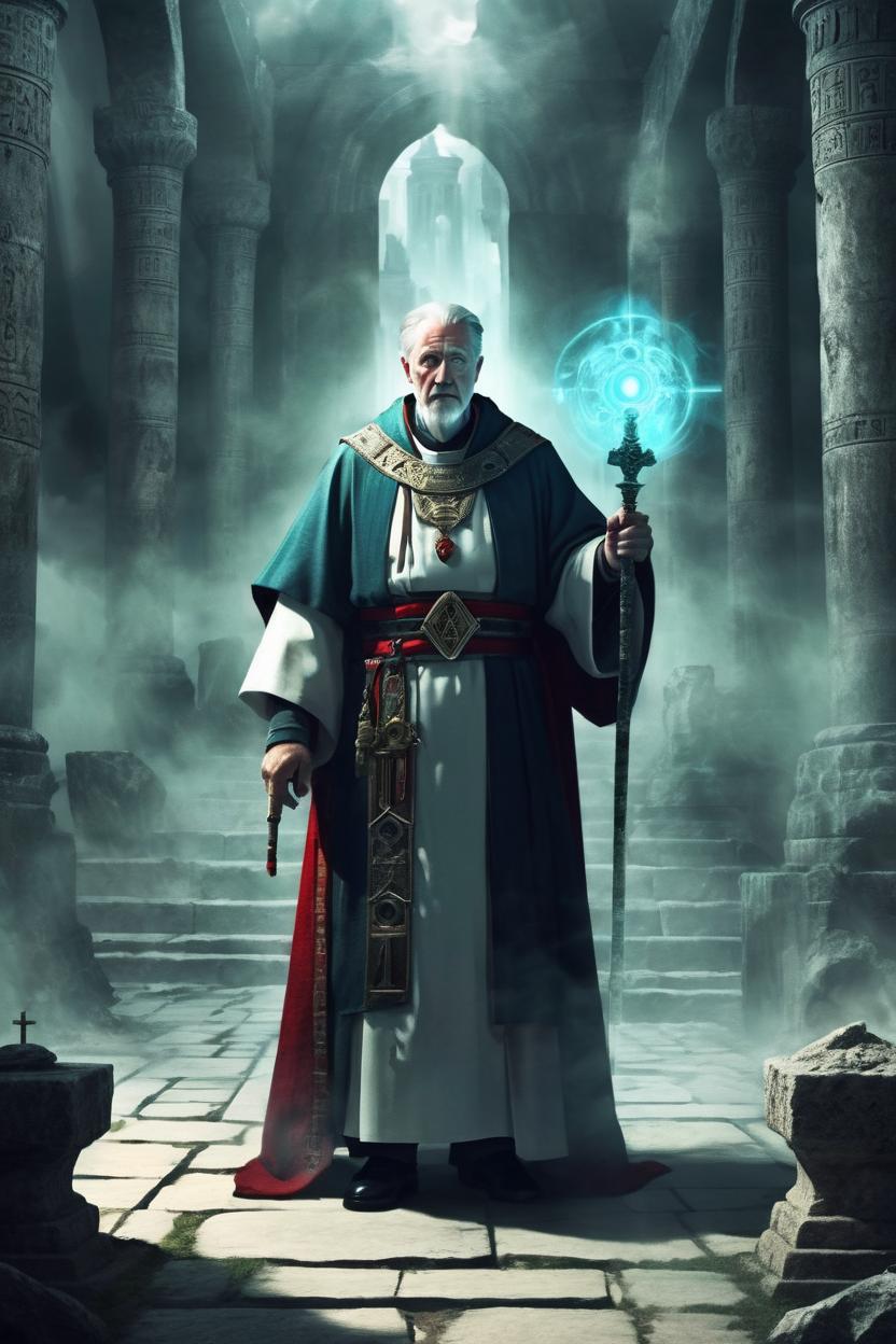 Artificial Intelligence (AI) generated image art, man, as the hight priest of an ancient civilization, heroic fantasy atmosphere