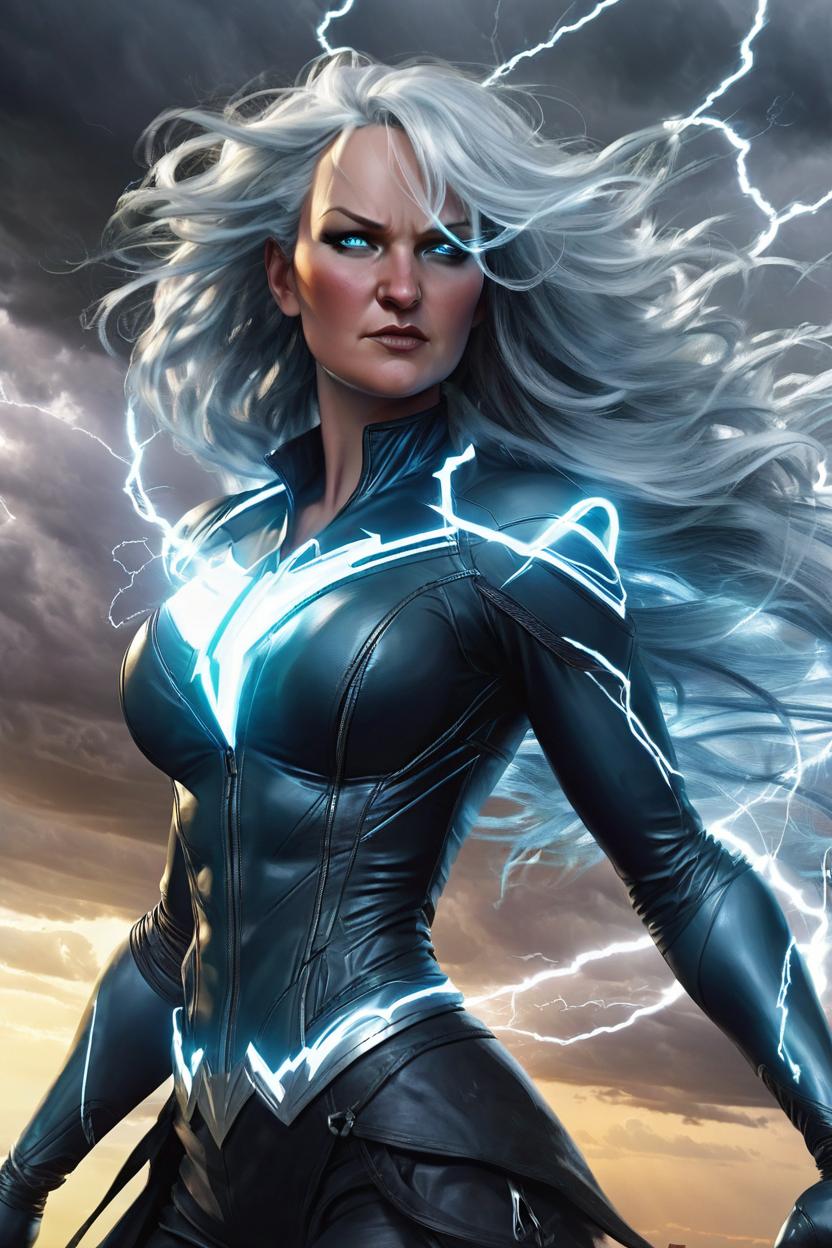 Artificial Intelligence (AI) generated image art, (woman) as storm x-man, by artgerm, ((full body)), wide angle, flying, wind, thunder, strong, beautiful, detailed