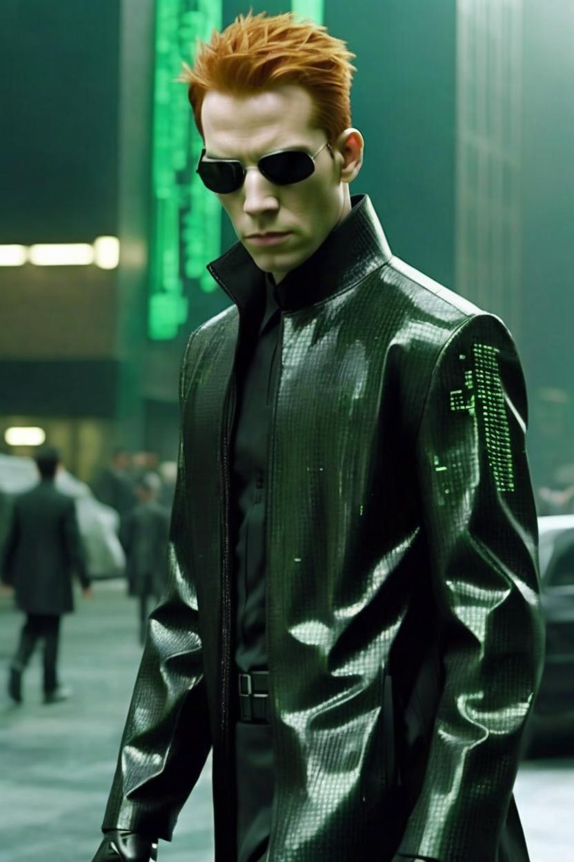 Artificial Intelligence (AI) generated image art, man is neo in the movie the matrix and he’s in the matrix dressed in a futuristic but still works in modern time alter ego outfit. He is ginger hair,He ominously walks alone straight for you, he's walking like he owns the city and is a god.