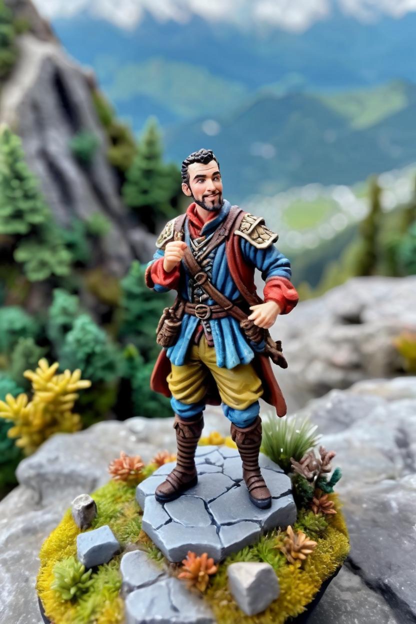 Artificial Intelligence (AI) generated image art, man, as a beautiful miniature figurine, as a fantasy bard, miniature terrain, mountainous background, from above