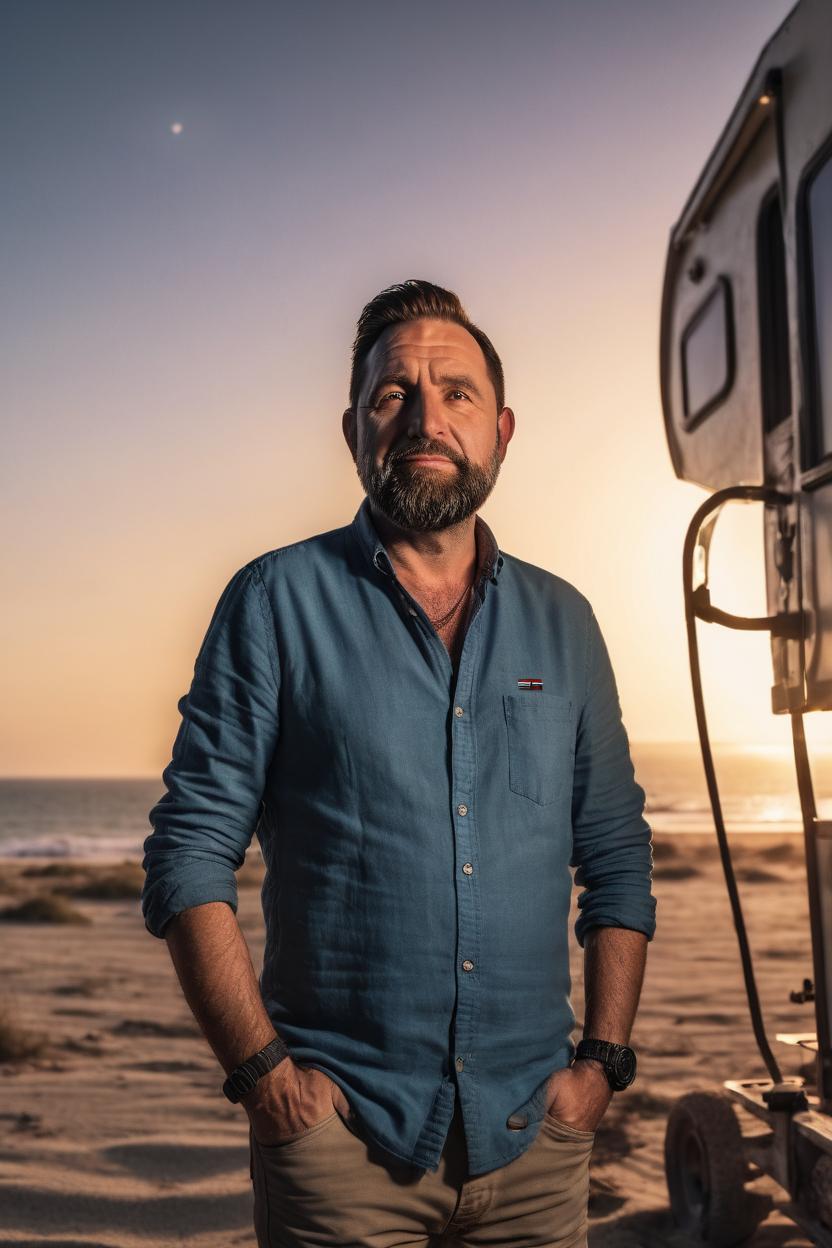 Artificial Intelligence (AI) generated image art, man, portrait, Hasselblad H6D-400c lens, 8k, standing near a spacy caravan with a sunset and beach in the background, surreal, sunset, digital art, epic scene, cinematic lighting