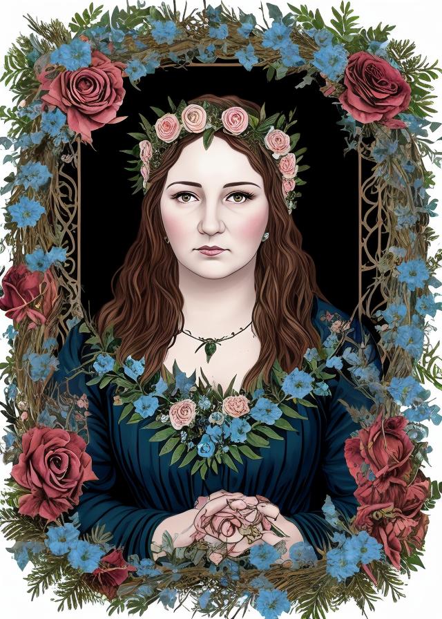 Artificial Intelligence (AI) generated image art, person, as Greek goddess Persephone, holding decaying flowers in one hand,black and blue underworld background, sandy blonde medium length hair, sad looking, hazel eyes, deep red rose flower crown looking hauntingly beautiful ethereal and serene, in the style of tarot card art, pink aura, living ferns and vines with thorns mixed with dead flower and decaying vines border the frame around her. Blue Fog rises in background, she is 38 years old and she is between the realm of the dead and the living but she is dead (realistic) (realism)