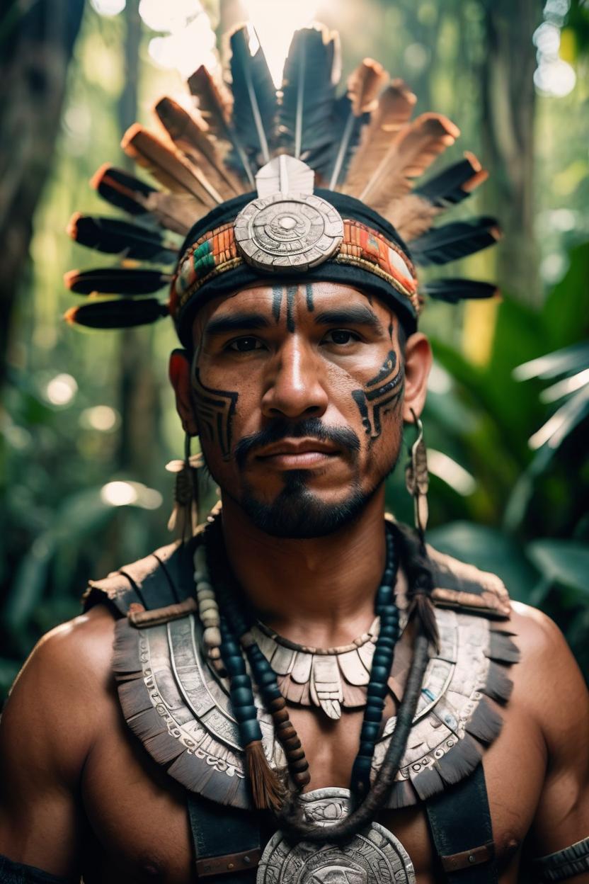 Artificial Intelligence (AI) generated image art, man, Aztec warrior, in the jungle, portrait, Mexican, high quality, The photograph, taken with a Canon 50mm lens, sunlight, 8k