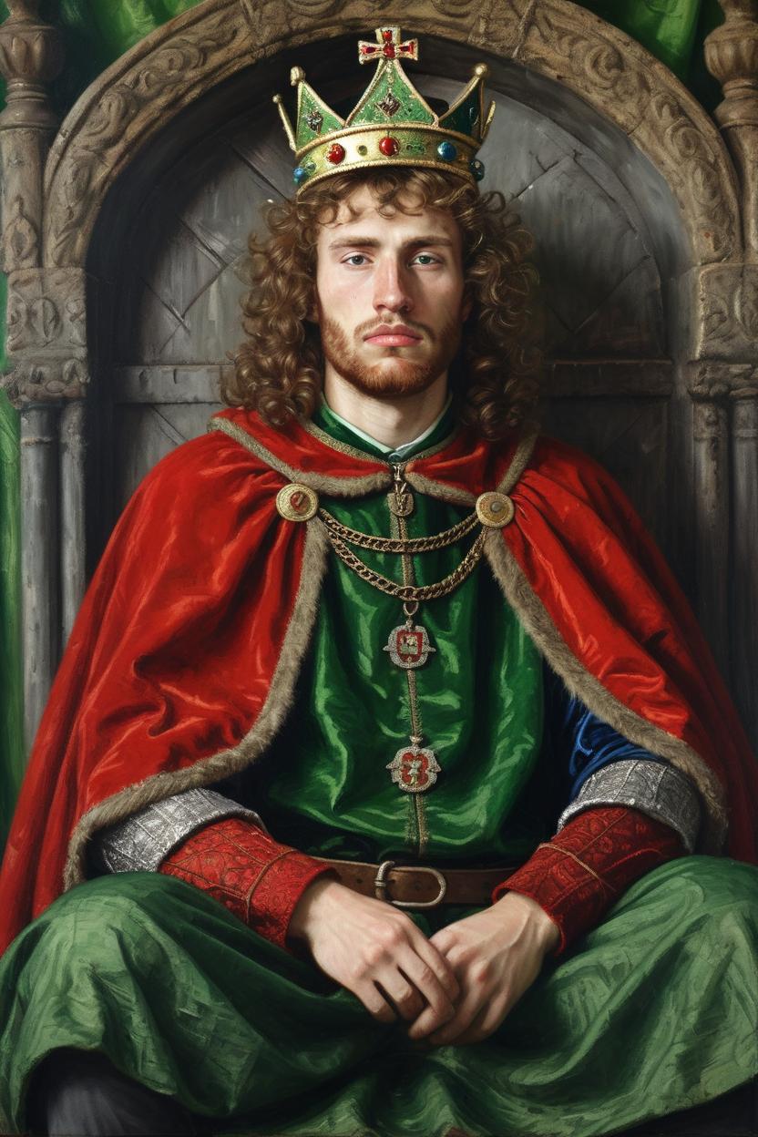 Artificial Intelligence (AI) generated image art, man, on a medieval royal portrait, by jan van eyck, wearing a green medieval apparel and a red king's cape, with a crown on his head, sitting on a throne, with long, wavy and frizzy hair, ((traditional oil painting))