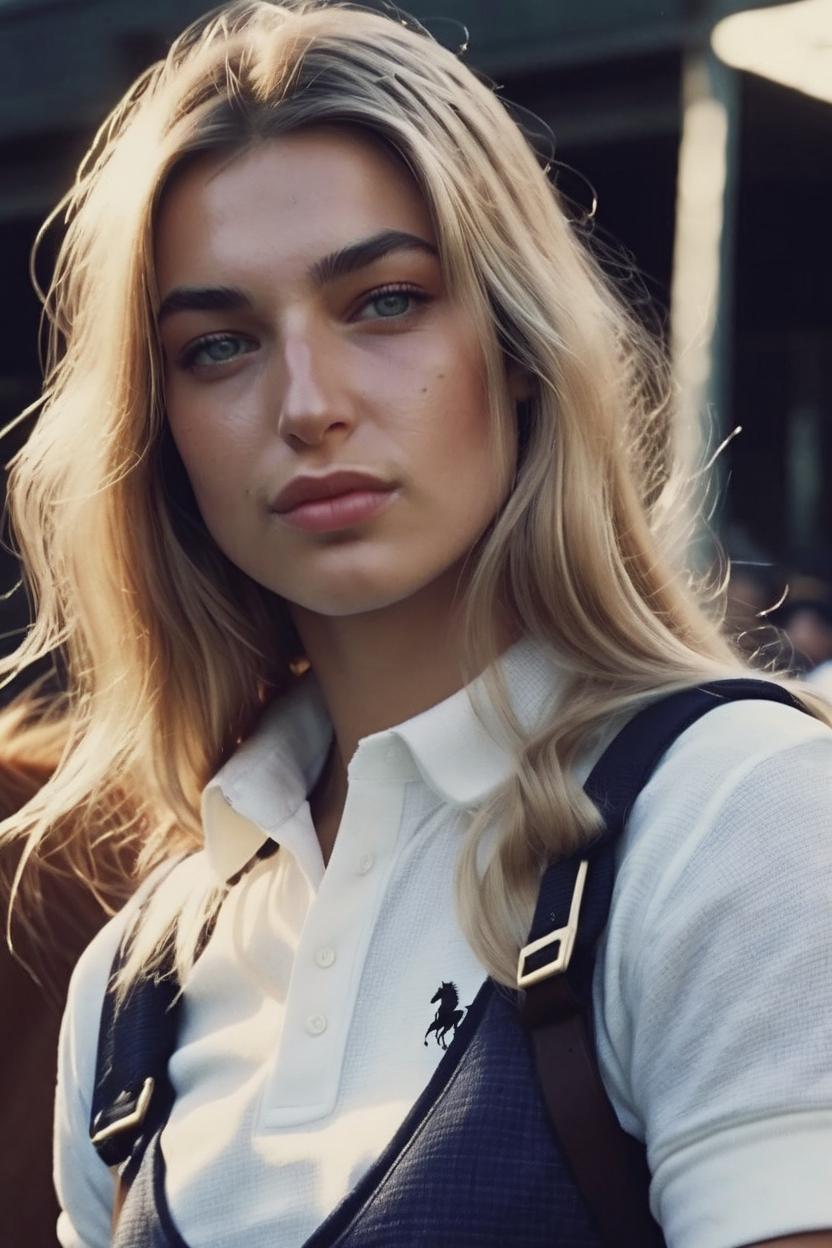 Artificial Intelligence (AI) generated image art, woman as white woman from 1980 year, with blonde hair, lady style, photorealistic, cinematic, 4k, highly detailed, grainy, with horse and Ralph Lauren Polo clothes