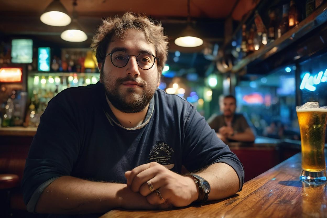 Artificial Intelligence (AI) generated image art, man, portrait, Inside a cool nightbar, Shot on Hasselblad H6D-400c lens, ultra high definition, ultra-realism, ultra realistic, young, beautiful. Extremely detailed photograph, stunning quality, beautiful lighting, creating a masterpiece, award-winning photograph, cool and confident pose