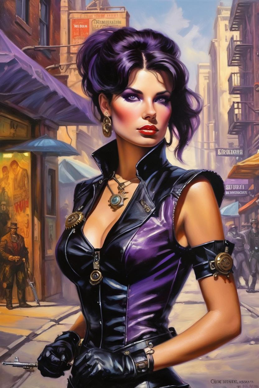 Artificial Intelligence (AI) generated image art, (classic fantasy pulp book cover art), (woman) looking in steampunk industrialized street, art by Boris Vallejo, 80s fantasy art, portrait, city street.  ((chest)) ((natural eyes)) ((lush bodyshape)) ((super realistic)) ((Oil painting)) ((wearing black leather)) ((black and purple hair))