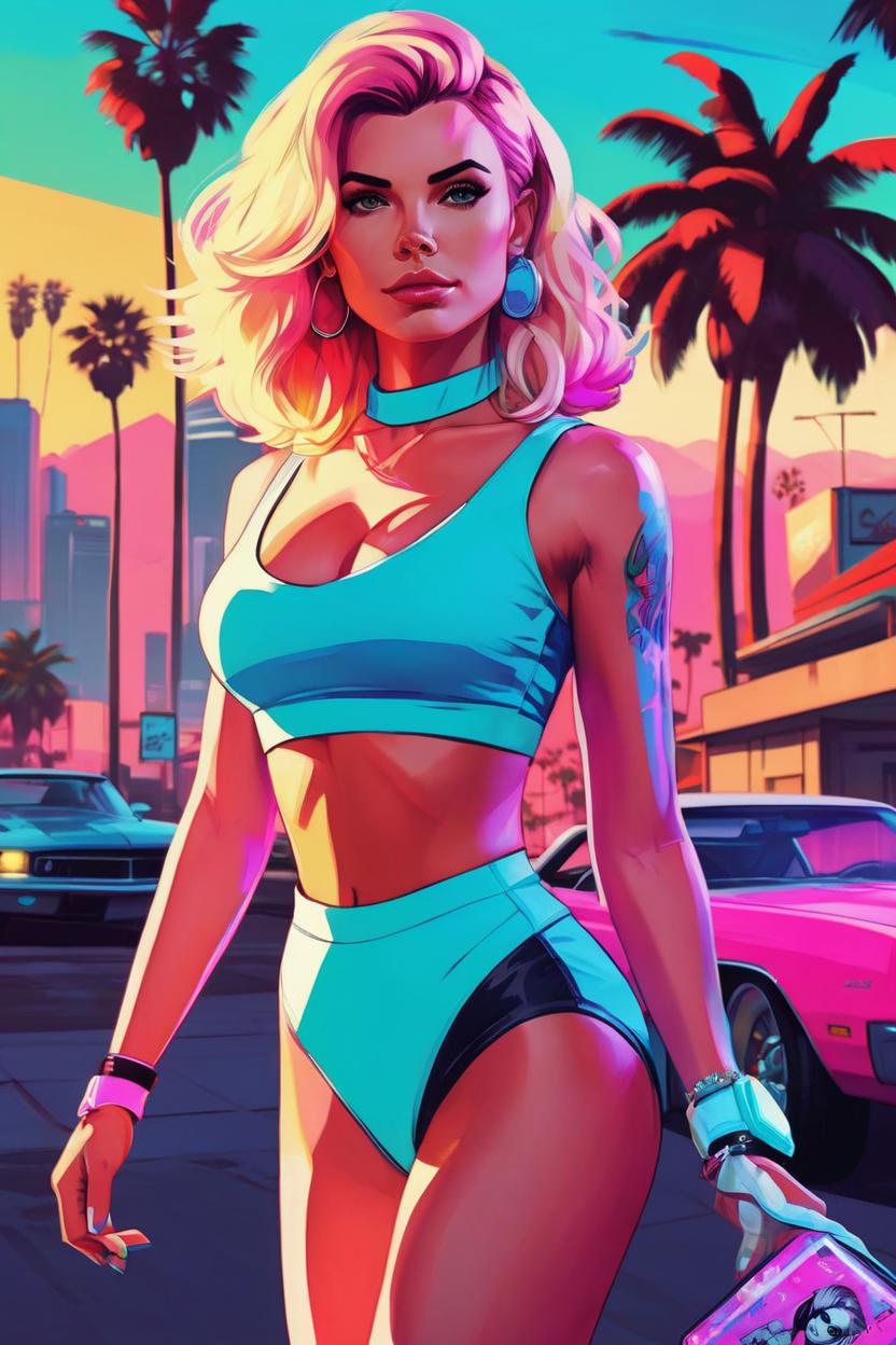 Artificial Intelligence (AI) generated image art, woman, SUBJECT, GTA 5 box art illustration, digital art, grand theft auto 6 poster art, colorful drawing, vivid colors, synthwave art, style of ilya kuvshinov, art by Patrick Brown, vector art