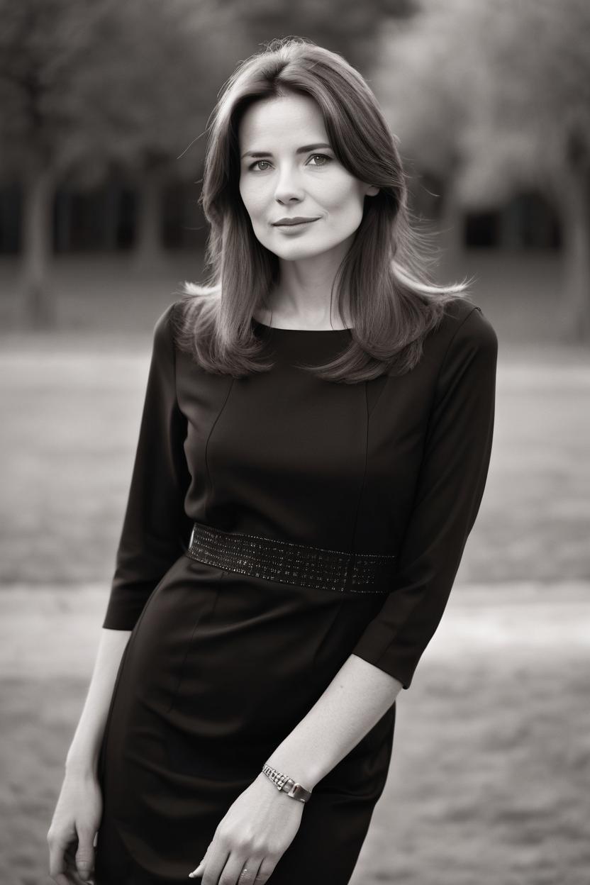 Artificial Intelligence (AI) generated image art, woman, beautiful classic models, portrait, black and white photography, detailed, soft focus, film grain, 35 years old, medium-length brown hair, wearing a black minidress