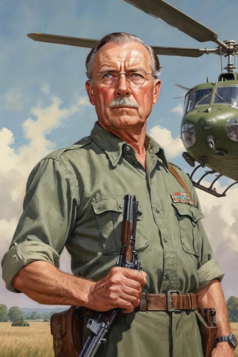 Artificial Intelligence (AI) generated image art, man, (portrait), torso, 1940s, army, adventure, pulp novel, WWII propaganda, art by Greg Rutkowsi, highly detailed, sharp focus, 4k, helicopter background