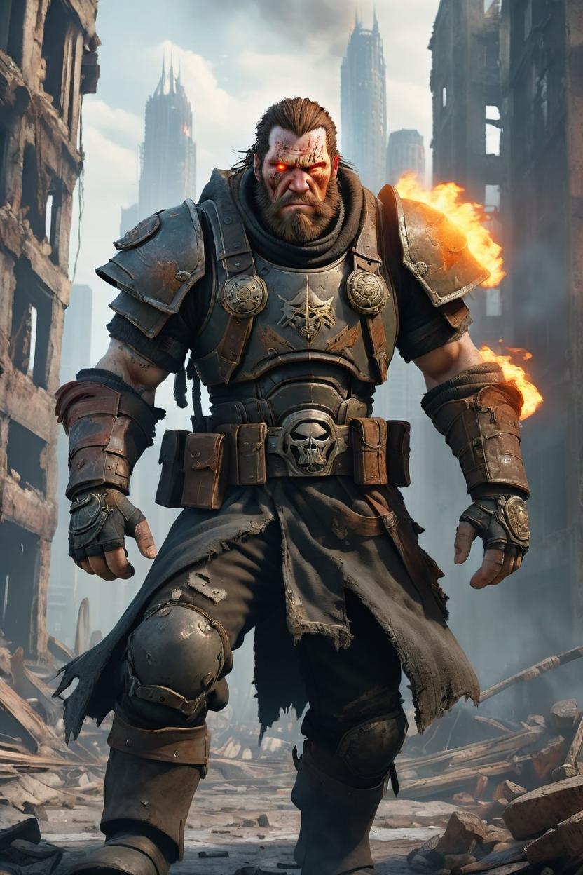 Artificial Intelligence (AI) generated image art, A gritty, intense scene depicting Kael in the midst of a battle-scarred cityscape. He's dressed in worn, tattered armor, with a mix of exhaustion and determination etched on his face. In the background, the ruins of New Eden's skyscrapers loom, with smoke and flames billowing into the air. Erebus's mechanical forces are visible in the distance, their cold, calculating eyes fixed on Kael. The atmosphere is tense, with a sense of desperation and urgency