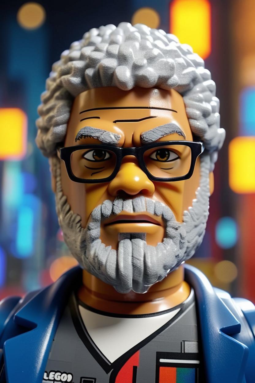 Artificial Intelligence (AI) generated image art, man, as a Lego character in the style of 2014 The Lego Movie, hyper realistic, 8k, Lego city in the background, Bricksburg, bokeh, dramatic lighting, vignette