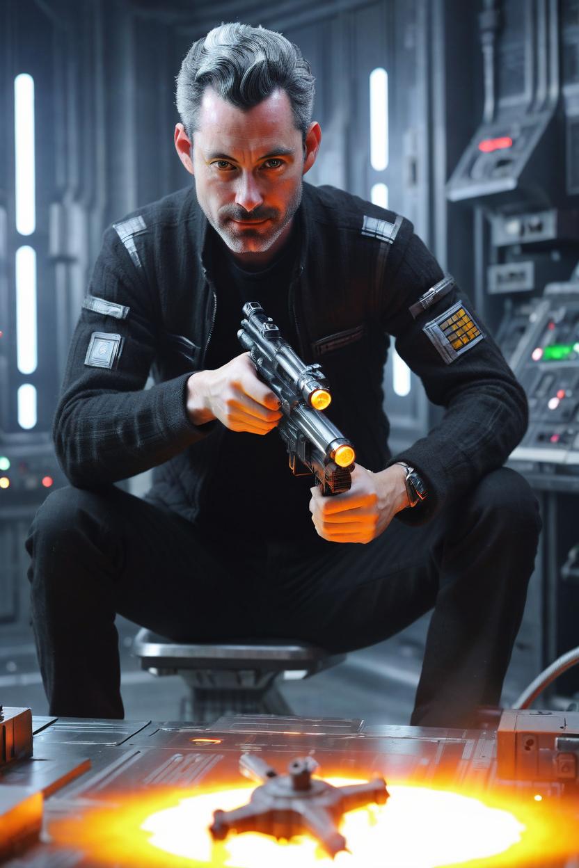 Artificial Intelligence (AI) generated image art, man, young, fit, fearless, rebel alliance, death star interior, laser fire, blaster