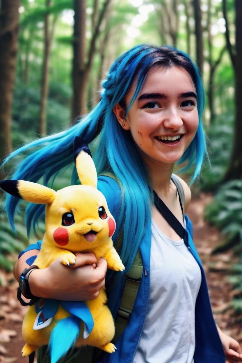 Artificial Intelligence (AI) generated image art, woman, ((anime art)), ((art by Artgerm)), ((2D art)), as a pokemon trainer, travelling through a forest, holding his pokemon Pikachu with one arm, looking excited, with long, bright blue hair in two braids