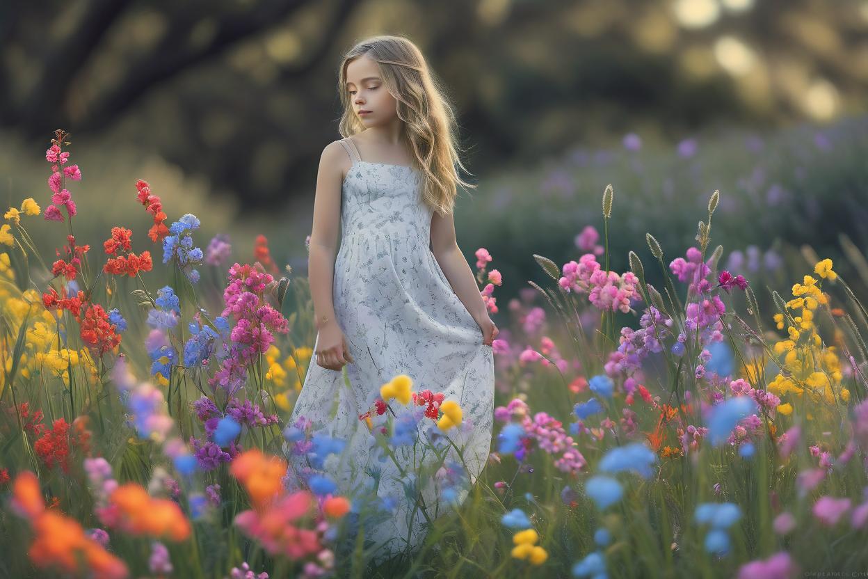 Artificial Intelligence (AI) generated image art, woman, Photograph, photo realisitic. field of bright coloured flowers in the style of duffy sheridan, j. scott campbell, monochromatic serenity, hyper-detailed illustrations, wavy, martin rak, gray