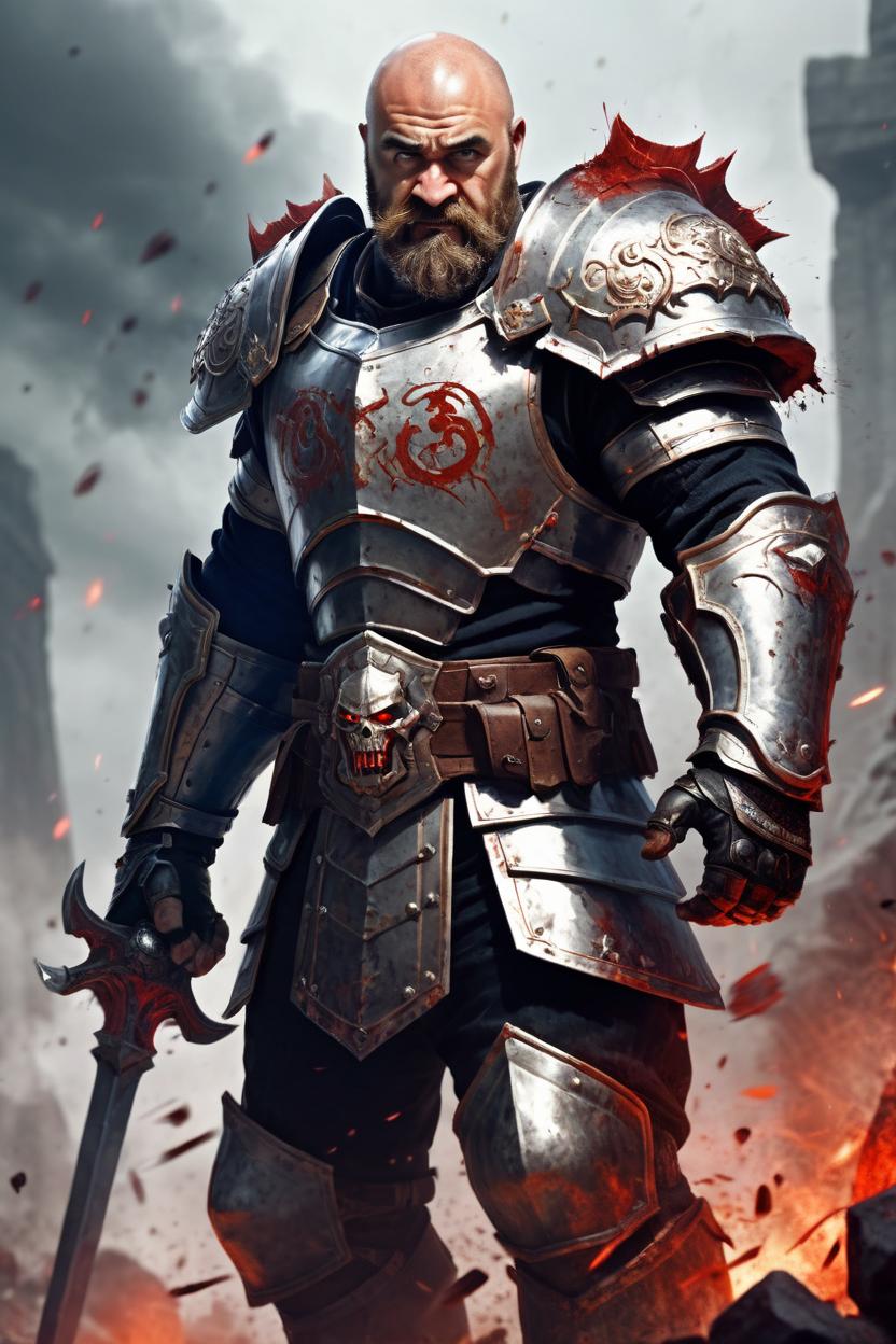 Artificial Intelligence (AI) generated image art, man as a fantasy paladin, art by greg rutkowski, fighting enemies in battle, in front lines, angry, high depth of field, bloody
