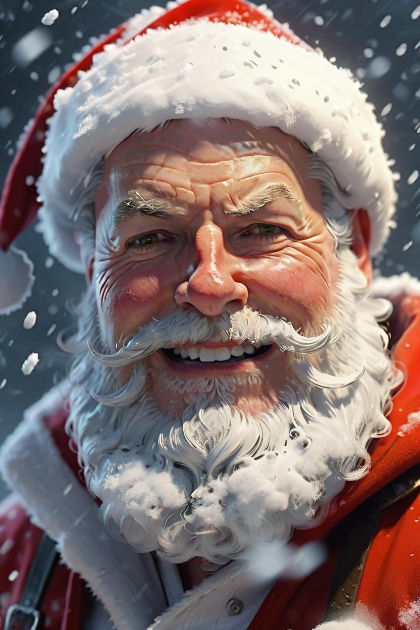 Artificial Intelligence (AI) generated image art, man, as santa claus in a snow storm, upper body, in the style of Andrei Riabovitchev, highly detailed, ultra detailed, golden hour, trending on artstation,