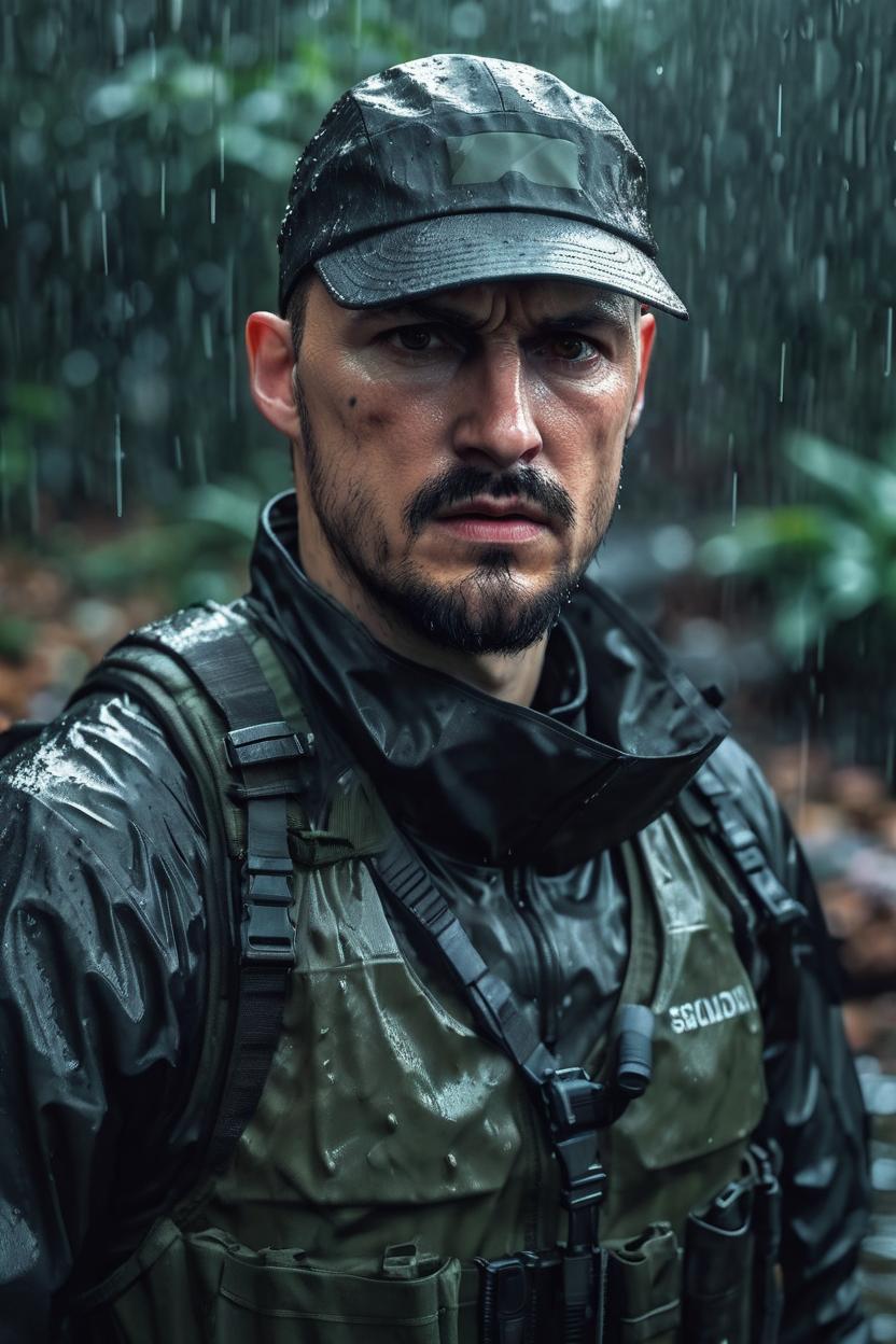 Artificial Intelligence (AI) generated image art, man Portrait ultra-realistic, photographed on Nikon D850qq,Q highlighting the 45.7MP resolution and its spectacular 153-point autofocus system, real life adaptation of the video game character solid snake from metal gear solid, dark, wet, rainy, cold environment, dressed as a secret agent. 8k graphics ultra realistic, regular look on his face