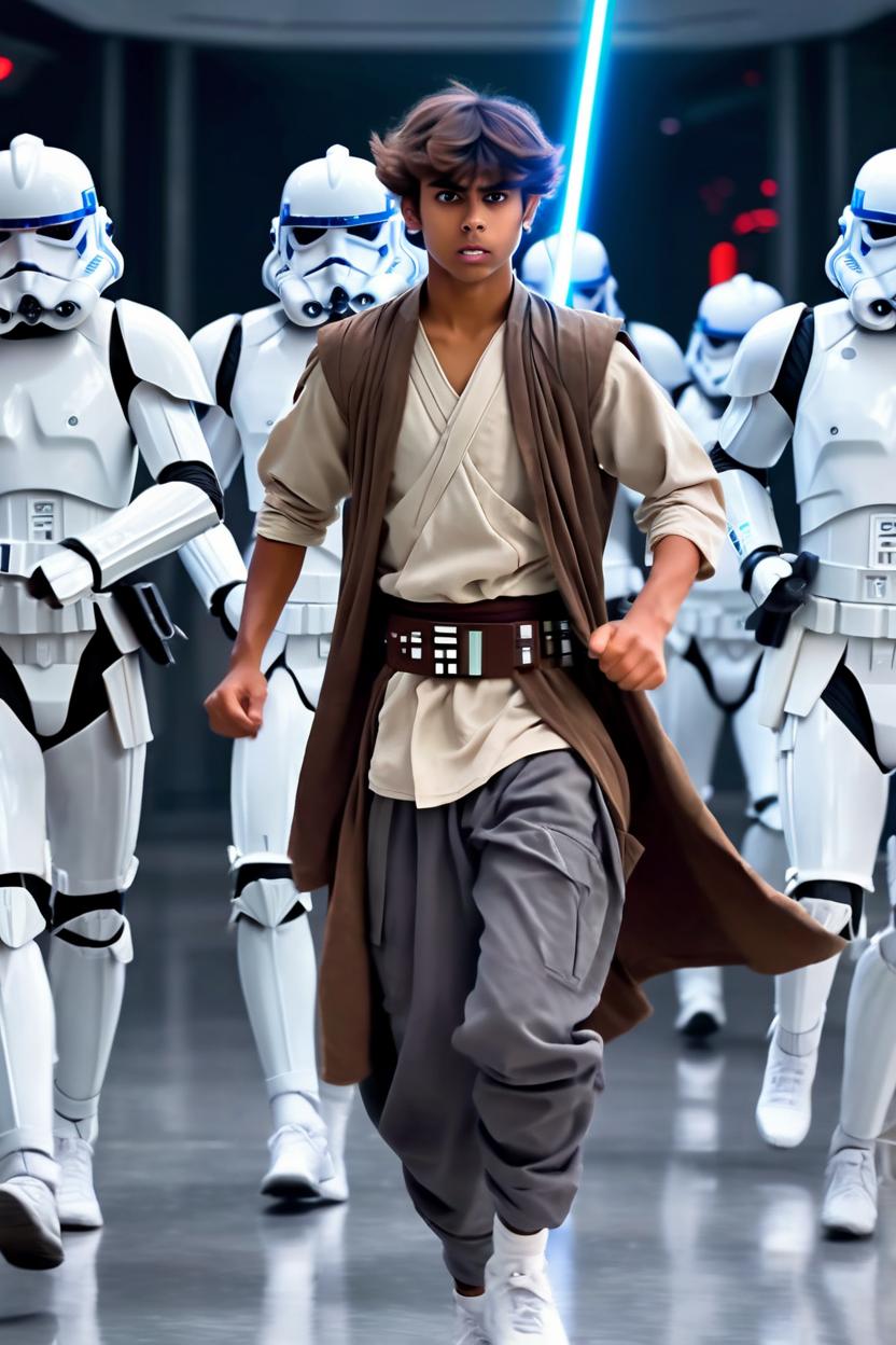 Artificial Intelligence (AI) generated image art, man, as a Jedi, running away from the Clones from Star Wars Movie, ((dynamic composition))