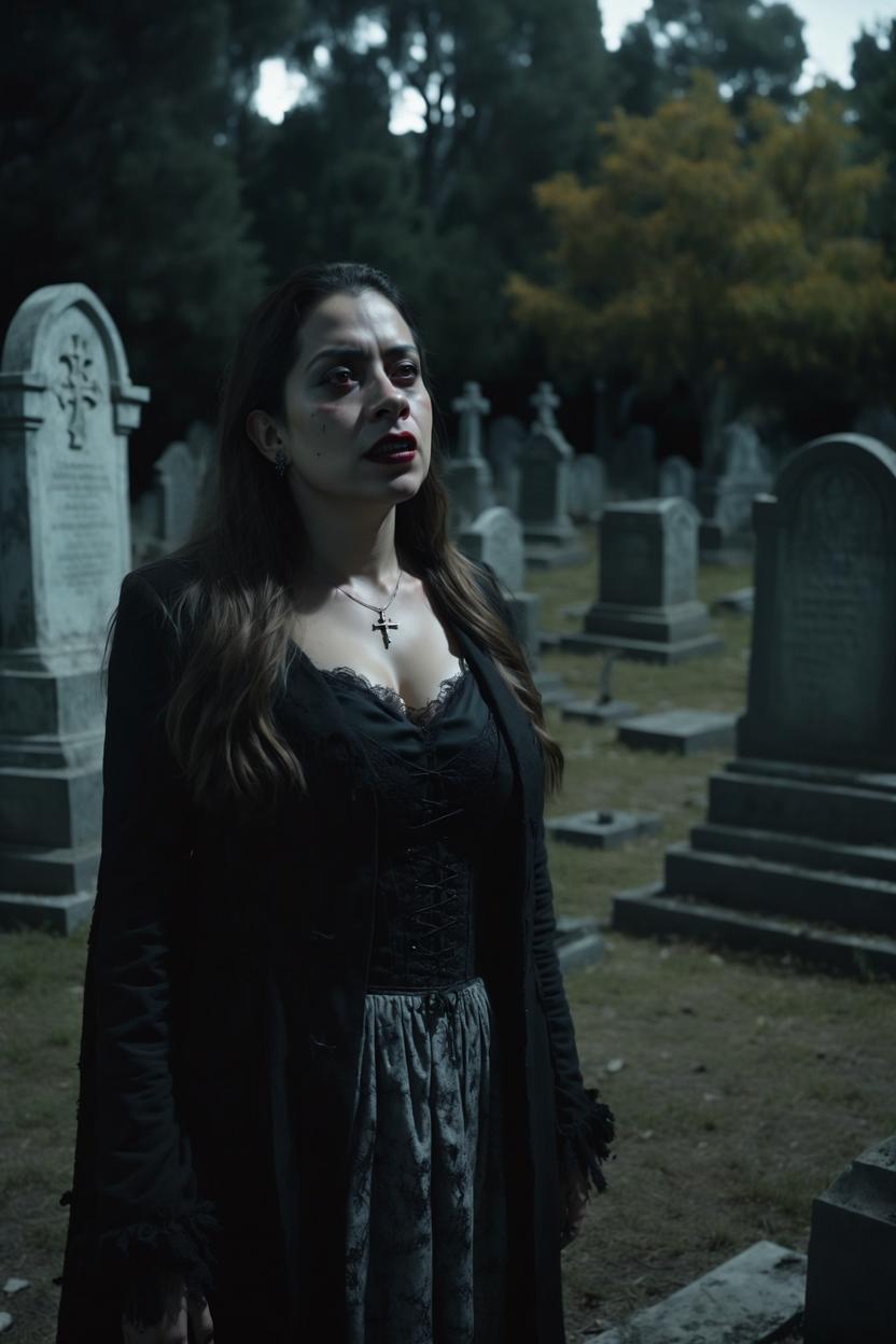 Artificial Intelligence (AI) generated image art, woman, as a vampire, standing, photorealistic, scary, dark ambience, cinematic, stunning, dramatic, in a graveyard, Shot on Hasselblad H6D-400c lens, 4k, UHD, ciaroscuro