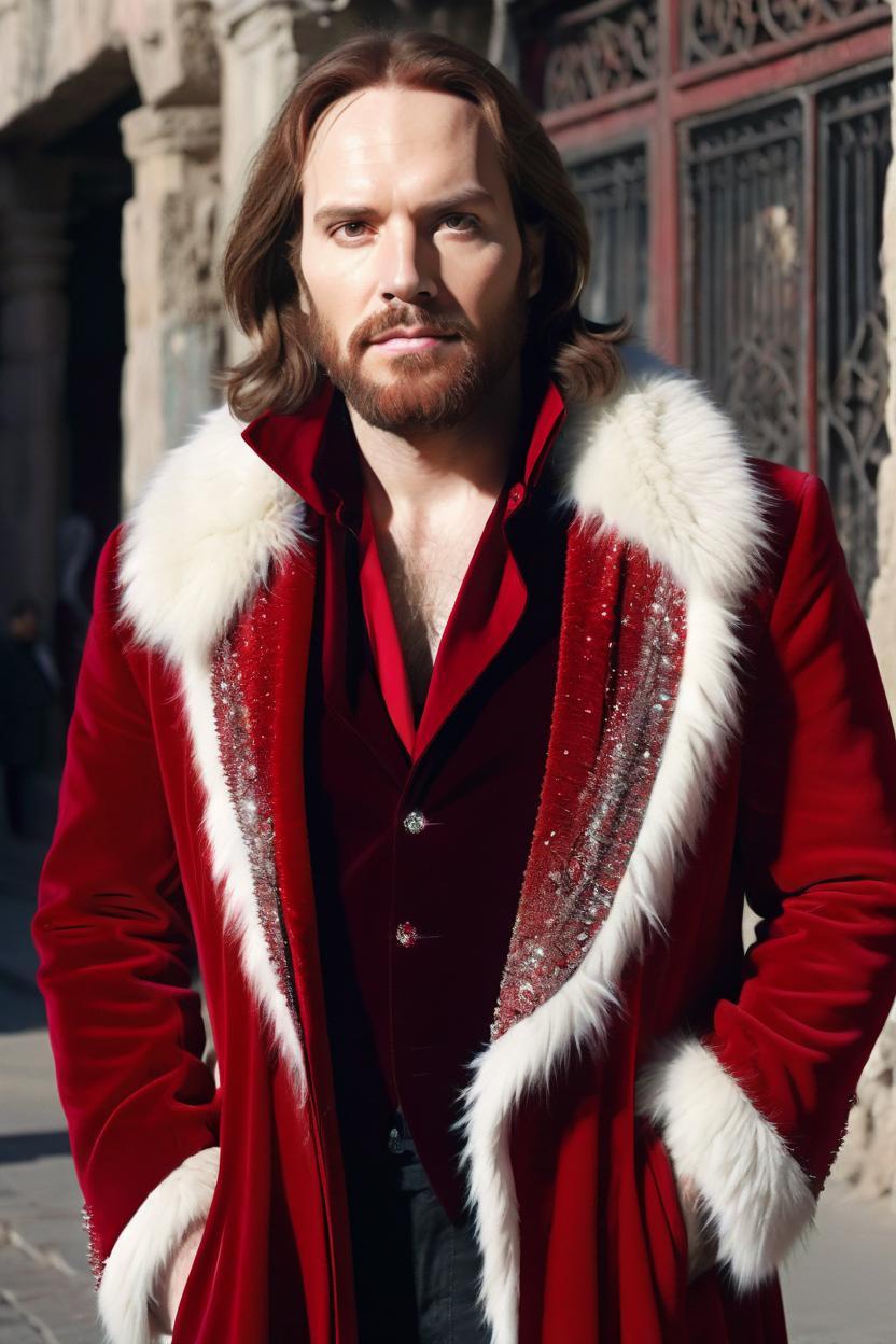 Artificial Intelligence (AI) generated image art, man, (intricate propaganda poster of jesus christ superstar), extremely detailed beautiful human character, illustration, sharp focus, outside in a hebrew town, full tall heavy set body, wearing a long red coat made of velvet, swarowski crystals, white thick fur