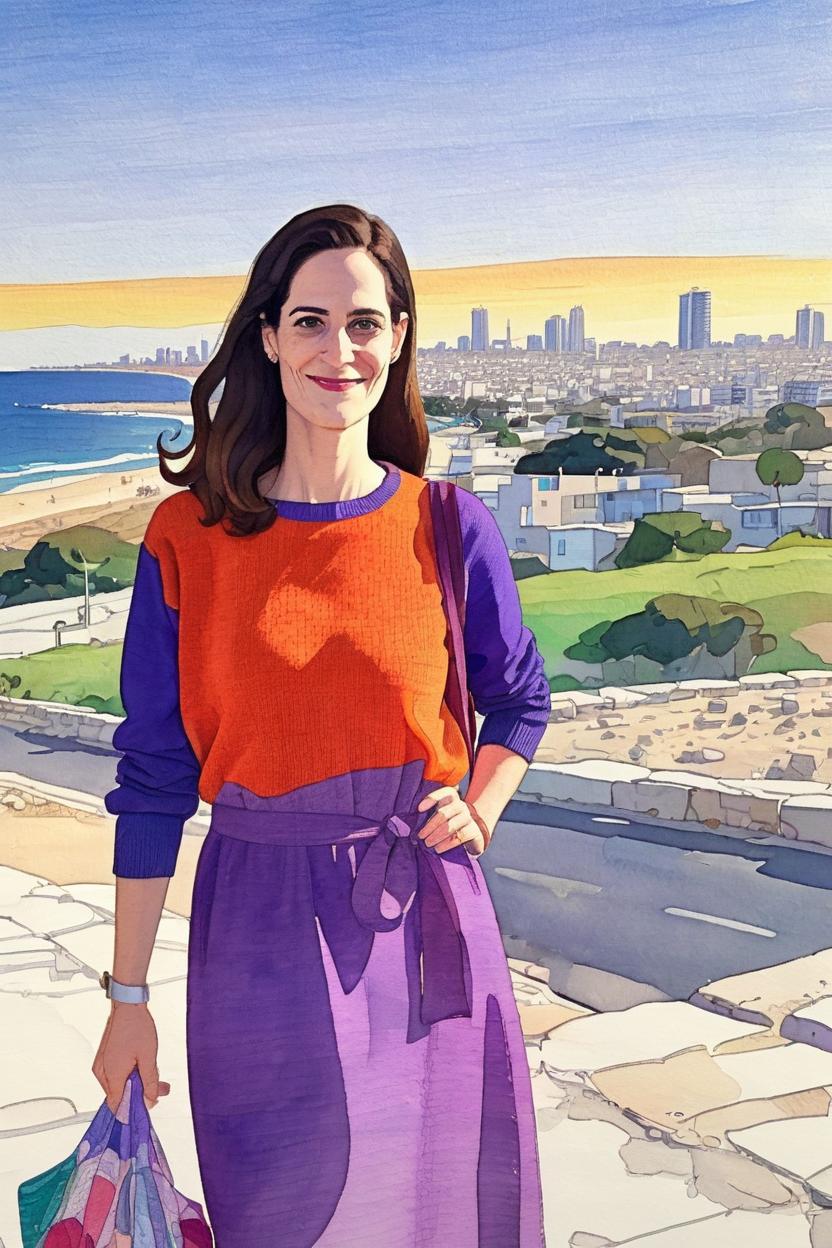 Artificial Intelligence (AI) generated image art, woman, illustration by Rutu Modan, vibrant colors, Tel aviv landscape, wearing purple sweater, orange long dress, long hair, naive artwork