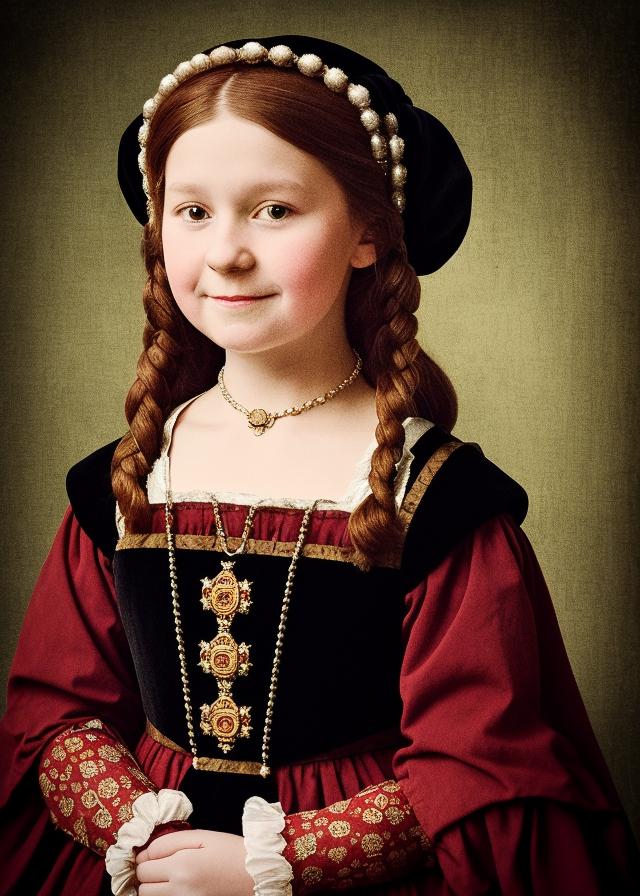 Artificial Intelligence (AI) generated image art, person, tudor period,renaissance era (portrait) in the style of Queen Anne Boleyn. She is the embodiment of King Henry viii wife Anne Boleyn. headshot, historic portrait, wearing renaissance clothing, warm background,her hair is mid length, and her tudor style headpiece is exactly as Anne Boleyns was, she is wearing the royal jewelry, Tudor style, tudor period, tudor portrait, she is 9 years old and has a mischievous look on her face