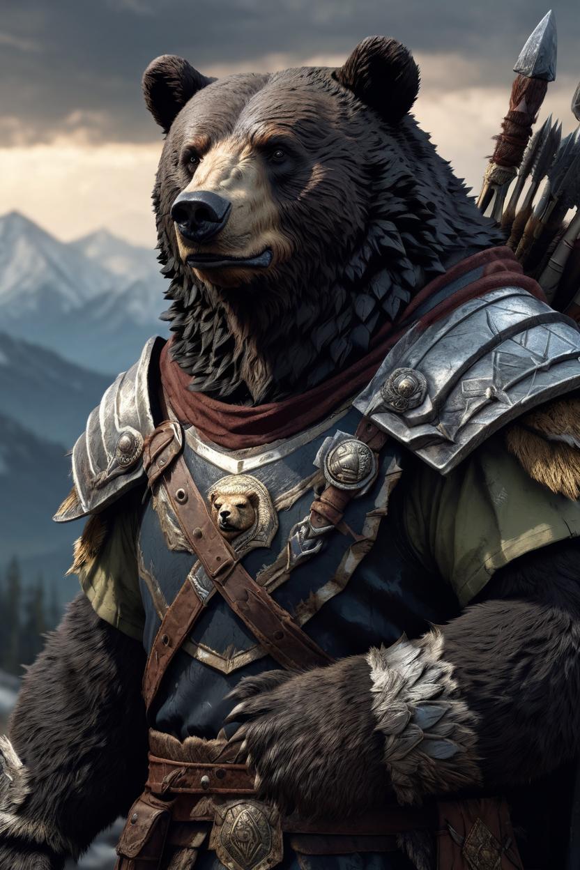 Artificial Intelligence (AI) generated image art, as a fantasy warrior, with war bear by side, (portrait), dnd, (dark dramatic mountains in background), art by Greg Rutkowski, highly detailed, sharp focus, 4k