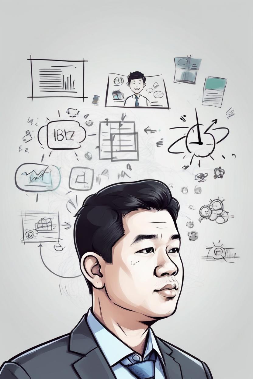 Artificial Intelligence (AI) generated image art, man, brainstorming drawing background, business man, cartoon