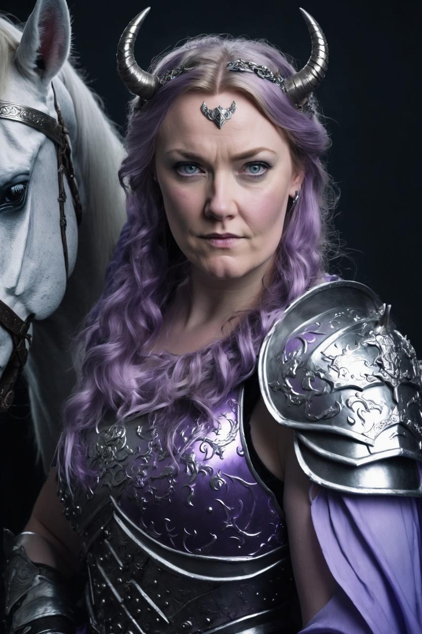 Artificial Intelligence (AI) generated image art, woman, as imposing goddess, sigyn, norse mythology, with lilac gown with gunmetal armour, with battle unicorns in armour, realistic face photo, in front of dark backdrop