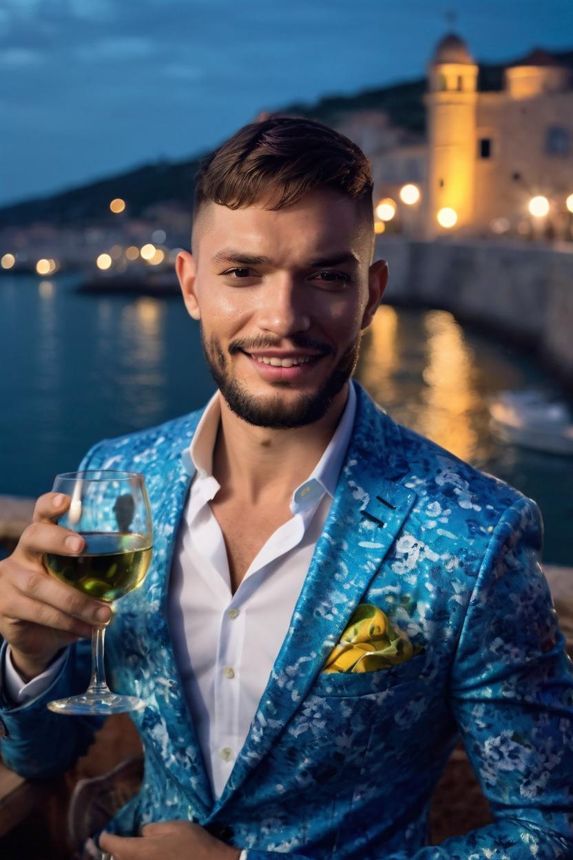 Artificial Intelligence (AI) generated image art, man, the award-winning international photographer captures the image of a entire body of a beautiful male model, wearing a summer suit. His face reflects a cheerful and confident look, as he elegantly holds his wine glass in the middle of a nightclub terrace with a view to the sea at night . The photograph, taken with a Canon 50mm lens, shows a beautiful landscape barely blurred in the background, further highlighting the beauty of the model. Every detail of the image is optimized to the maximum, making this photograph a masterpiece that conveys a sense of delicacy and strength at the same time. amazing