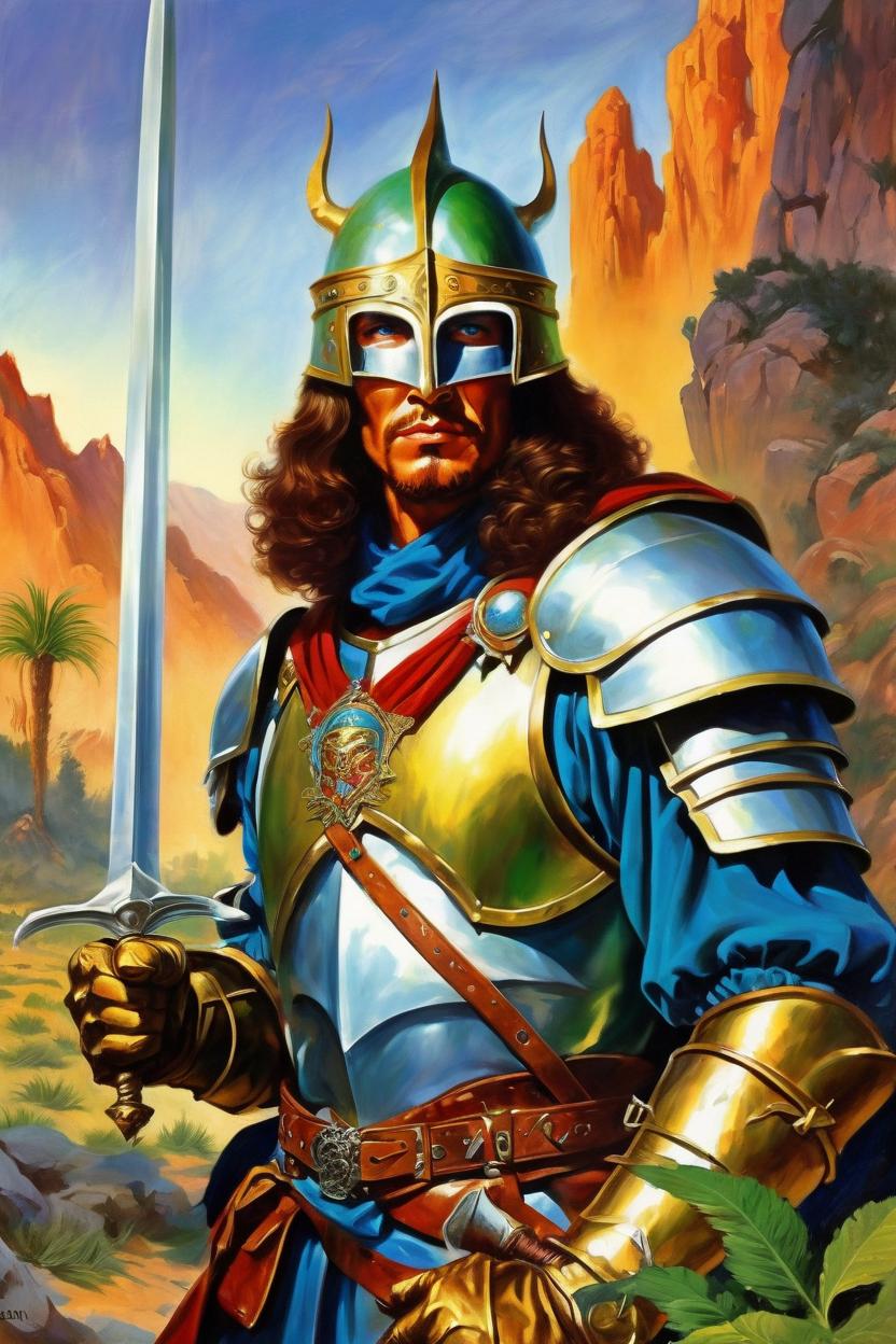 Artificial Intelligence (AI) generated image art, man, (classic fantasy pulp book cover art), (colton) as fantasy knight man, illustration, art by Boris Vallejo, 80s fantasy art, portrait, landscape, likeness to model (man) colorful eye-catching strange Sifi background ((realistic portrait)) of (man)
