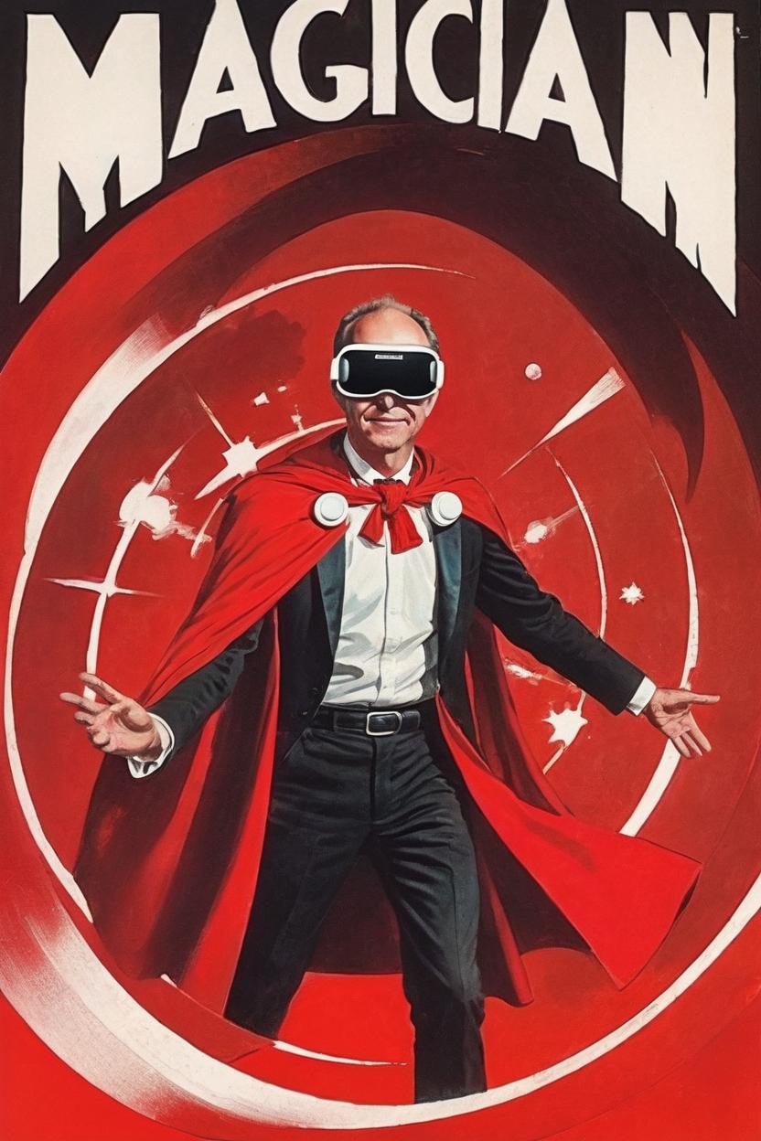 Artificial Intelligence (AI) generated image art, man, as a great magician with a red cape wearing a white VR headset, surrounded by a white spiral on a red background, in the style of the cover of a comic from the 1960s with the title “Magician”