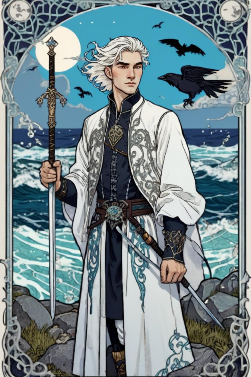 Artificial Intelligence (AI) generated image art, man, portrait, artwork by Ivan Bilibin, Art Nouveau, tarot card, god, two of swords tarot card, ocean in background, surrounded by swords sticking out of the ground, white hair, as a demigod, ravens, all white robes