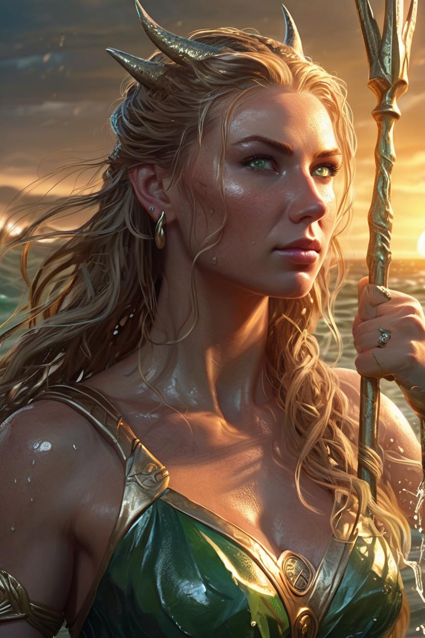 Artificial Intelligence (AI) generated image art, woman, ((realistic)) majestic water goddes Mera, holding one three spike trident, with wet body and flowing dirty blonde hair rising from the sea with sunset, ((portrait)), epic scene, epic light, intricate detailed, fine details, artstation, masterpiece, tan skin, green eyes