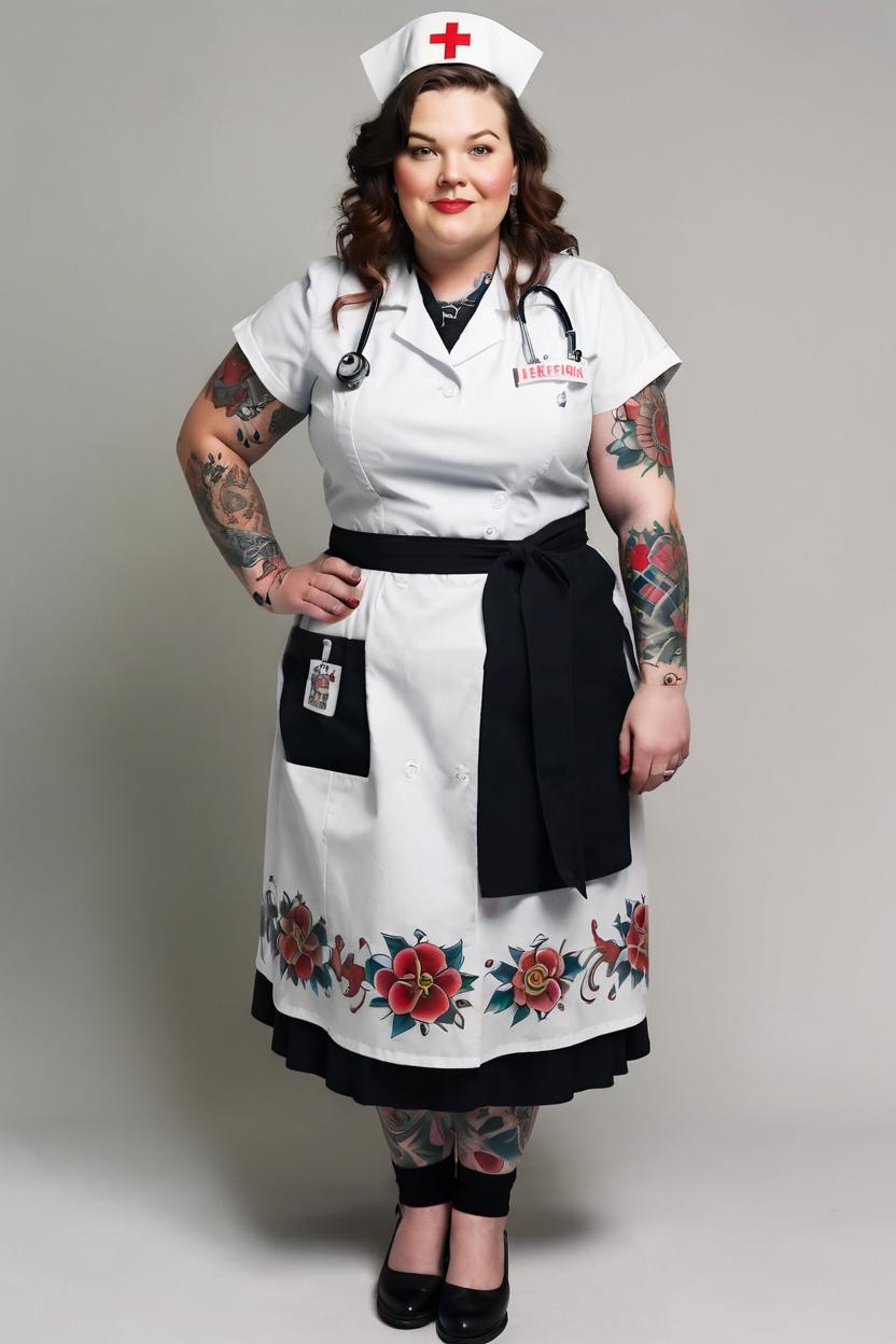 Artificial Intelligence (AI) generated image art, woman, as american traditional tattoo nurse, full body, plus size, american traditional, tattoo
