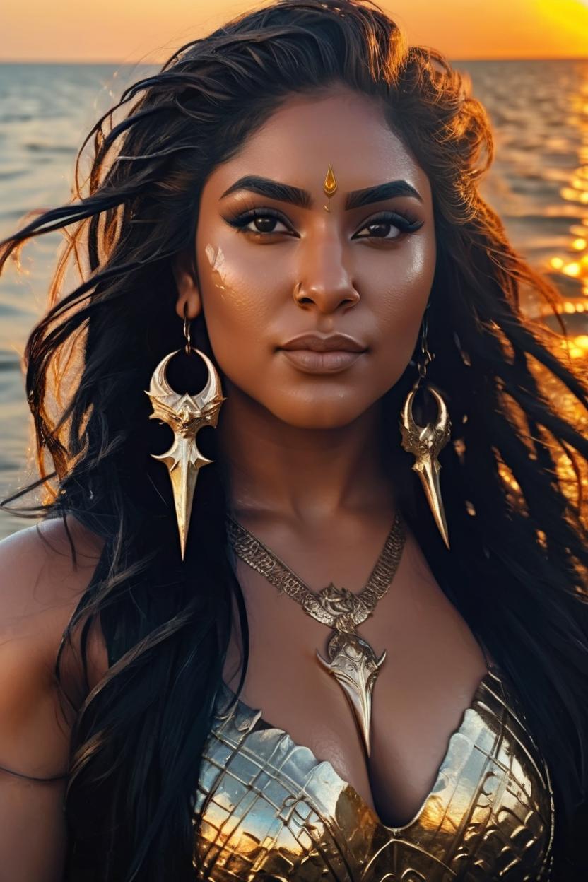 Artificial Intelligence (AI) generated image art, woman, ((realistic)) majestic water goddes Mera, holding one three spike trident, with wet body and flowing black long hair rising from the sea with sunset, golden hour, ((portrait)), photograph style, hoop earrings, epic scene, epic light, intricate detailed, fine details, artstation, masterpiece, tan skin
