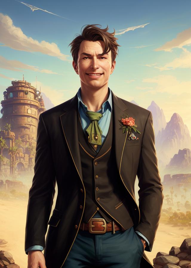 Artificial Intelligence (AI) generated image art, person, dark brown hair wide shot, full-length, stylish modern suit with open collar shirt, smile, sunset, highly detailed illustration, standing in a desert landscape where train tracks diverge in the distance, deep focus, d & d, fantasy, intricate, elegant, highly detailed, digital painting, artstation, concept art, matte, sharp focus, illustration, hearthstone, art by artgerm and greg rutkowski and alphonse mucha and marco mazzoni