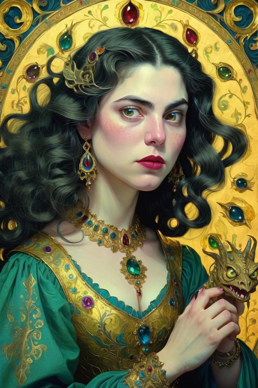 Artificial Intelligence (AI) generated image art, woman, beautiful young woman, in the style of illuminated manuscript, grotesque monsters, gold, mythic creatures, jewel tones